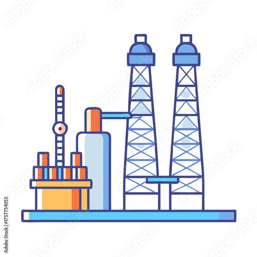 Stylized Oil Refinery with Towers and Tanks on Blue Platform Illustration