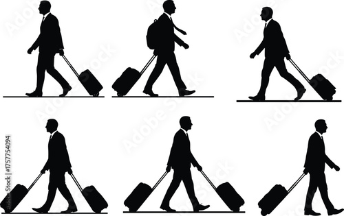 business travel silhouettes, corporate mobility vector, professional commute icon set, cad drawing flat vector illustration