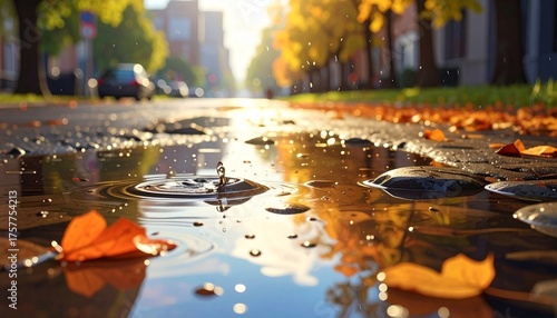 Macro photo of puddle on road, waterdrop, falling leaves, close up, zoom