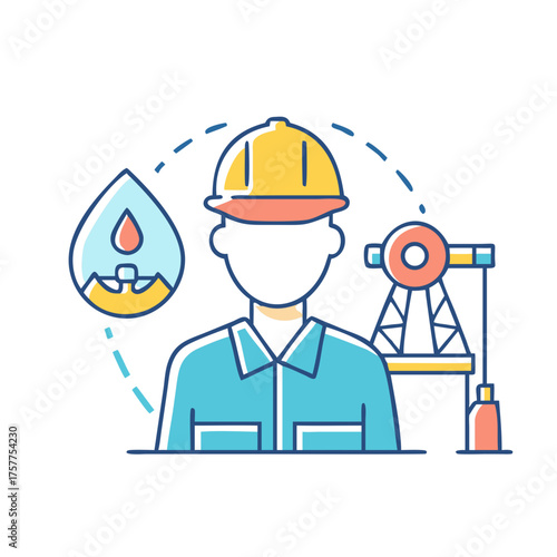 Oil Industry Worker Illustration with Oil Derrick and Drop Symbol Icon