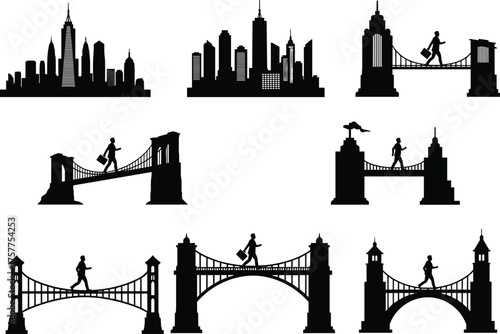 City skyline and bridge silhouette, urban commute vector, business travel concept, architectural diversity, cad drawing flat vector illustration