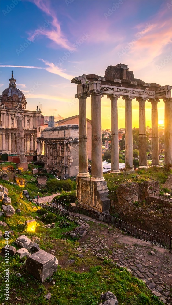 Naklejka premium Ancient ruins, columns and architecture, with vibrant sunset