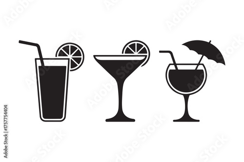 Three silhouetted cocktails with garnishes on a white background