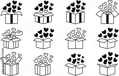 Boxes releasing hearts concept of love celebration gift giving sharing