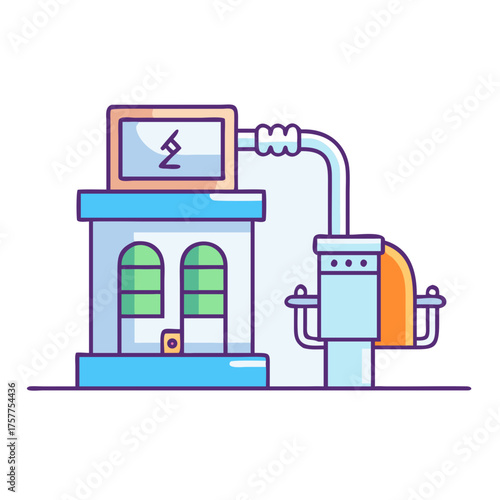 Stylized scientific apparatus illustration with buildinglike base and computer screen display