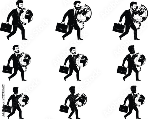 Global business travel, international work silhouette, walking businessman with globe, corporate mobility concept, cad drawing flat vector illustration