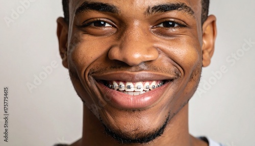 Man smiling looking at camera, open mouth, braces