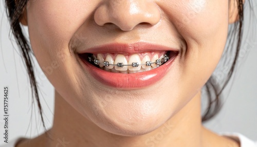 Macro photo of woman's smile, open mouth, braces