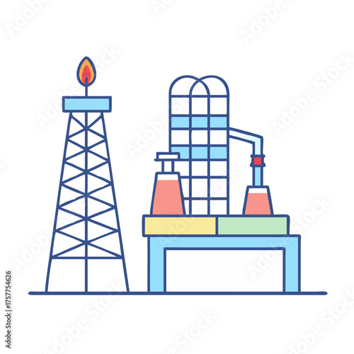 Colorful oil refinery icon illustration depicting energy production and processing