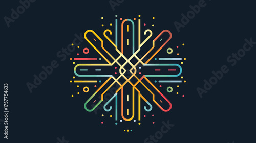 Colorful geometric design with interconnected lines and curved shapes, with dots on a dark background