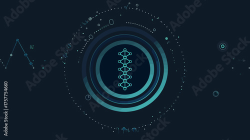 An abstract design featuring a central geometric shape surrounded by orbiting lines and particles on a dark background
