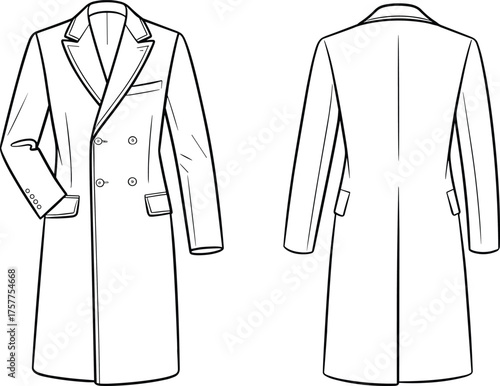 Long double breasted coat technical fashion illustration, flat sketch front and back view, apparel design template vector drawing