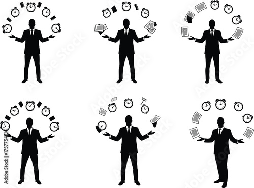 multitasking business silhouettes, productivity management vector, corporate stress icon set, cad drawing flat vector illustration