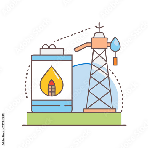 Stylized illustration of an oil refinery and natural gas storage tank concept