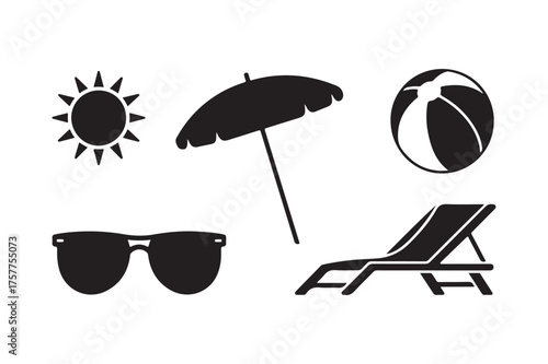 Beach vacation icons sun umbrella ball sunglasses and lounge chair