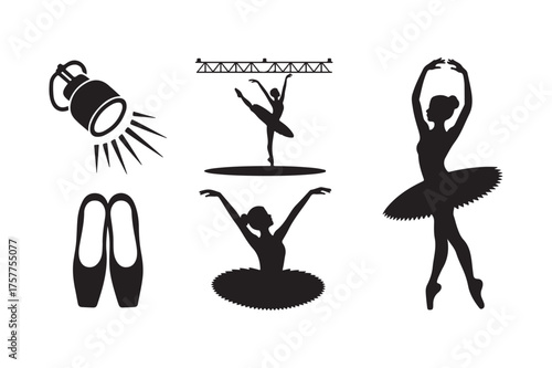 Ballet silhouettes featuring dancers and equipment