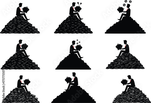 Piggy bank savings, financial emotion, money management, business silhouette, coin stack concept, cad drawing flat vector illustration