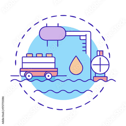 Cartoon illustration of a water purification or treatment system process