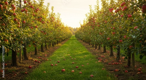 Rows of Apple Trees in Orchard at Sunset