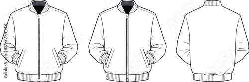 Zipper jacket technical fashion illustration, flat sketch front angled and back view, apparel design template vector drawing