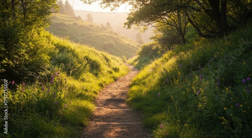Sunlit Path Through Lush Green Hills