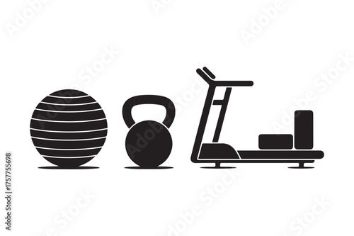Fitness equipment silhouette featuring exercise ball kettlebell and treadmill