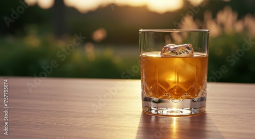 Amber Whiskey on the Rocks at Sunset