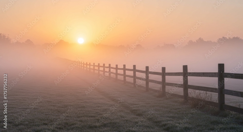 Obraz premium Sunrise Over Foggy Field with Wooden Fence
