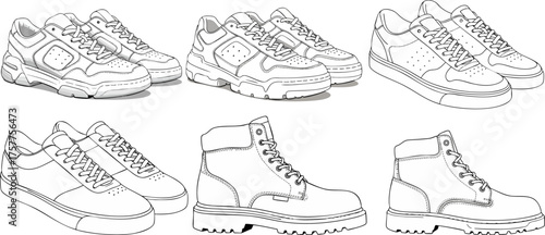 Assortment of footwear showcasing sneakers and boots