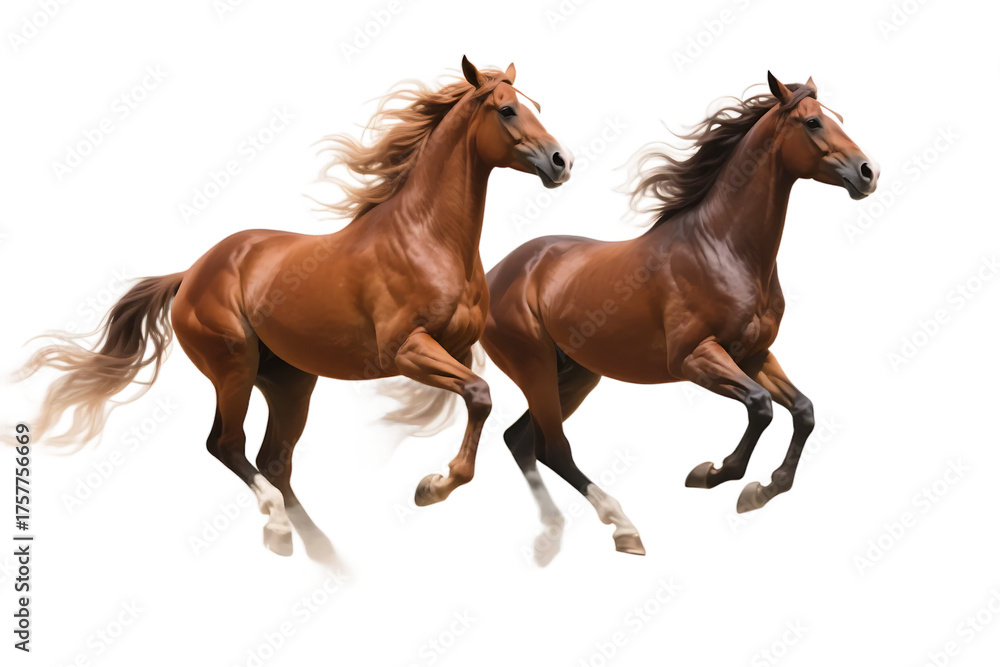 Obraz premium Two brown horses are galloping with their manes flowing, showcasing their speed and elegance.