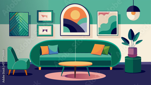 A colorful sitting area with a bold emerald green velvet sofa a round marble coffee table and a gallery wall of art decoinspired prints in various metallic hues.