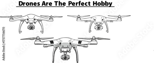 Three white drones on a black background aerial view