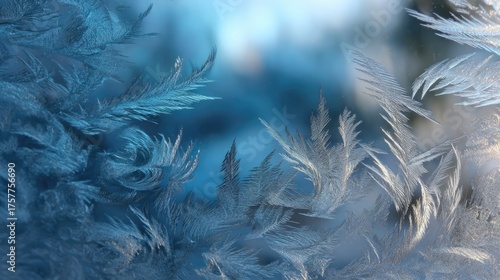 Delicate frost patterns decorate a glass surface, reflecting shades of blue and white