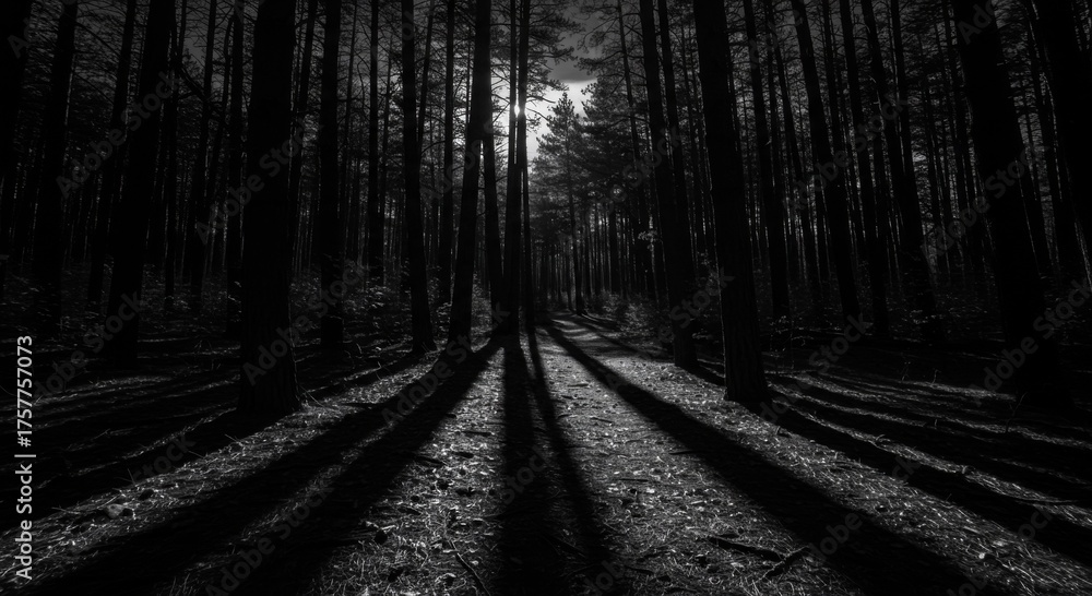 Fototapeta premium Dark Forest Path with Sunlight Shadows