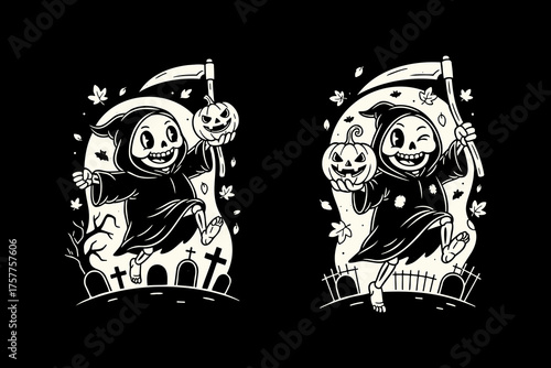 Two whimsical cartoon Grim Reaper illustrations celebrating Halloween with a pumpkin and scythe.