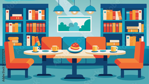 A cozy breakfast nook with booths and booths lined with bookshelves encouraging students to study while enjoying a hot breakfast.