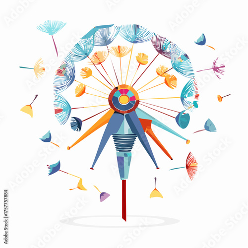 Colorful abstract dandelion blowing seeds with transparent background