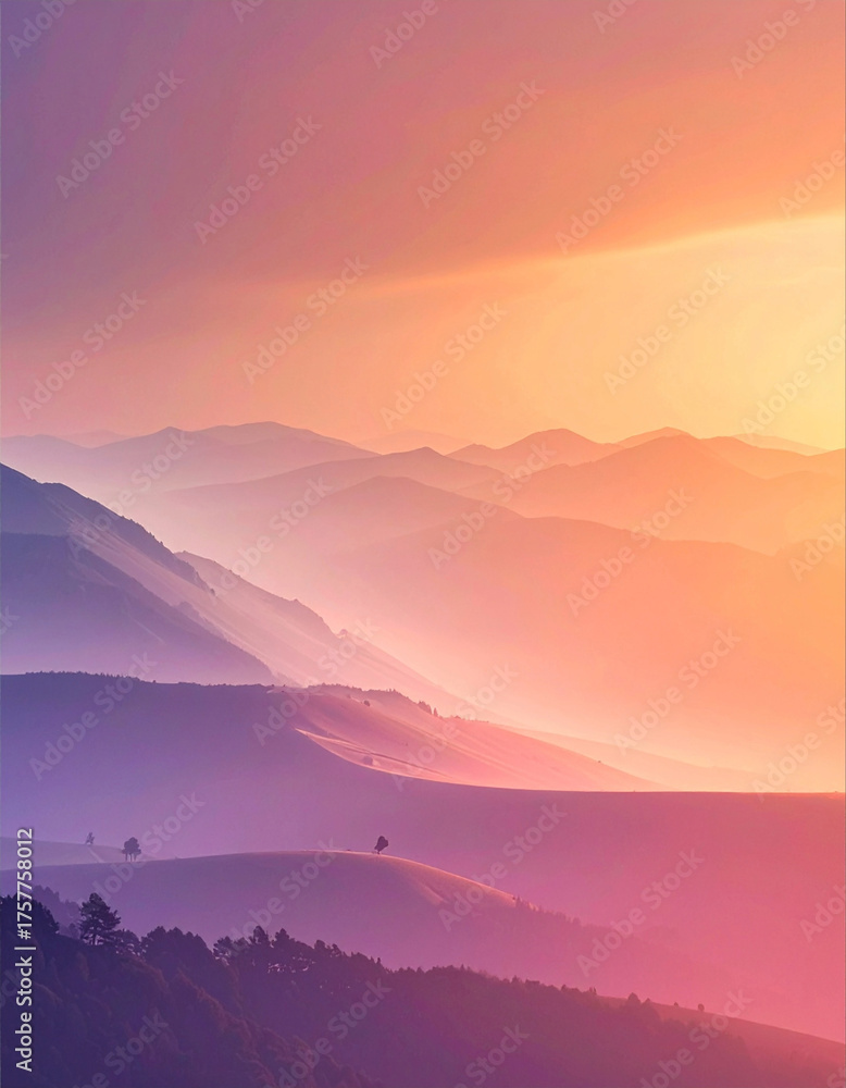 Obraz premium Sunrise Over Mountains: A breathtaking view of rolling mountains bathed in the soft hues of dawn. Capturing nature's serene grandeur, perfect for evoking a sense of calm and wonder.