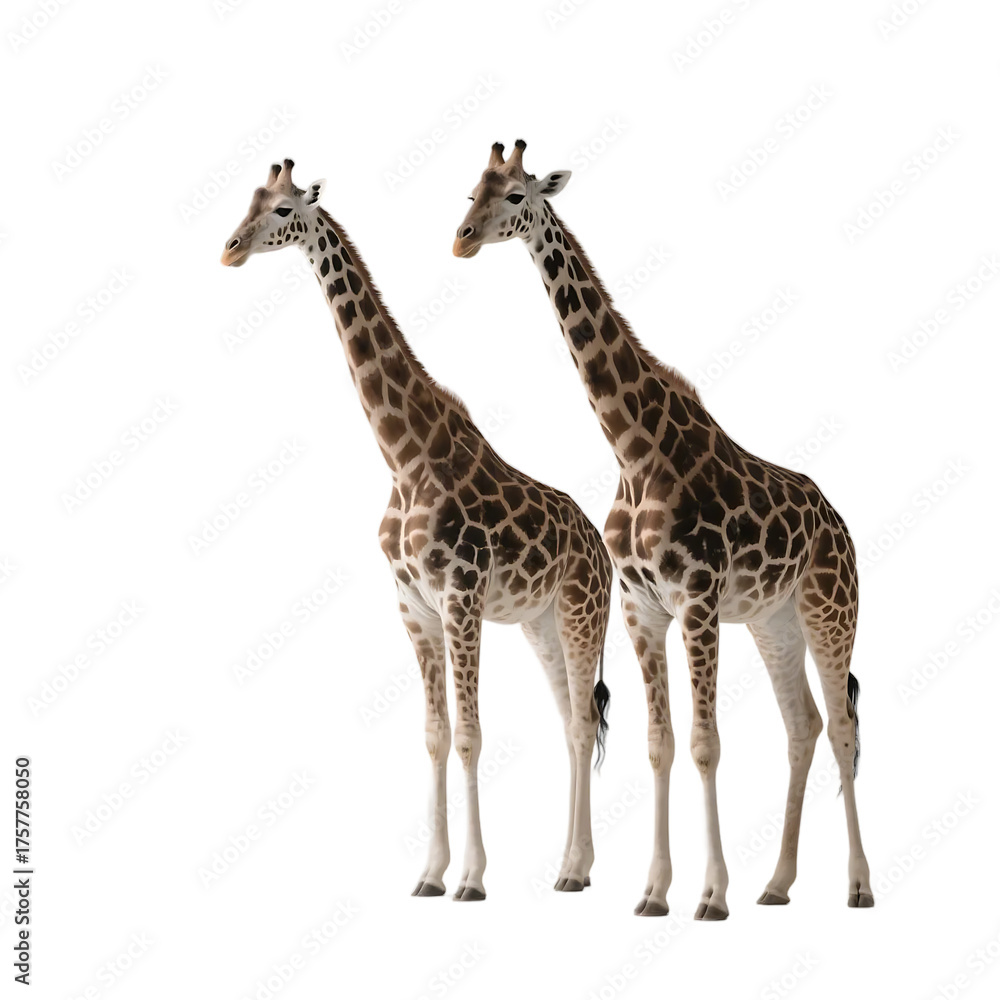 Fototapeta premium Two giraffes with distinctive patterns standing close to each other in a natural environment.