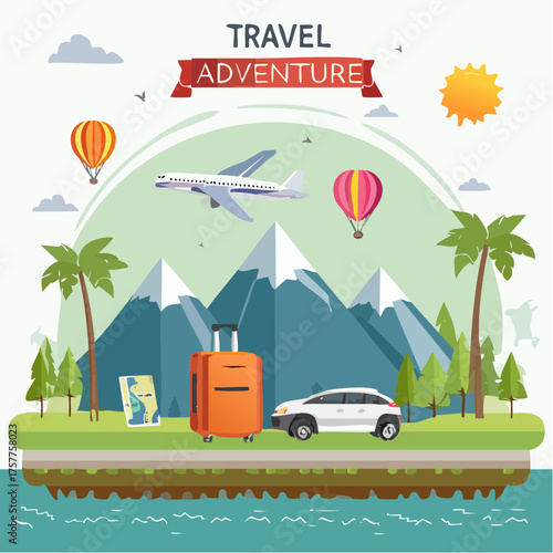 Travel adventure landscape mountain car airplane hot air balloon