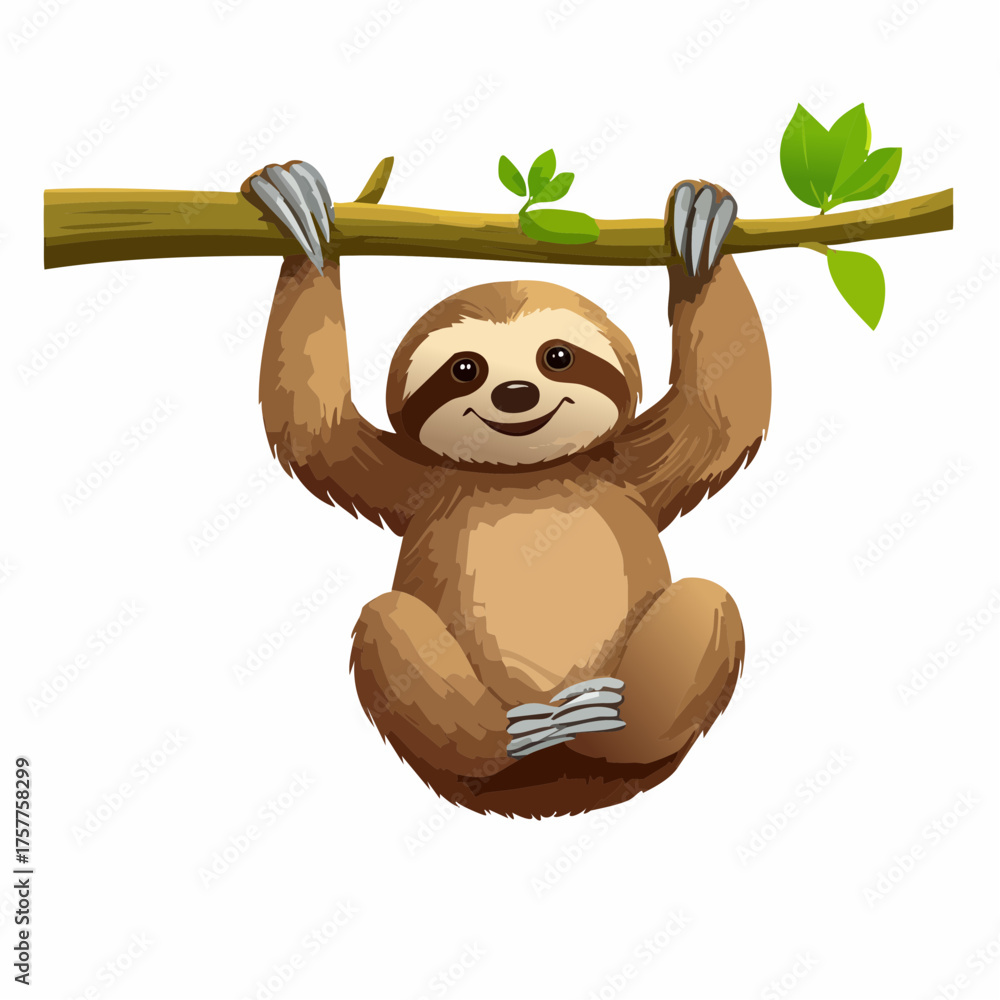 Obraz premium Cartoon sloth hanging on tree branch with transparent background