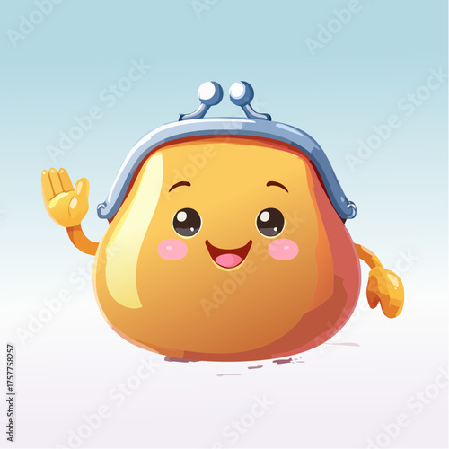 Cartoon purse character waving happy financial concept