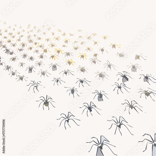 Swarm of spiders walking on a light surface