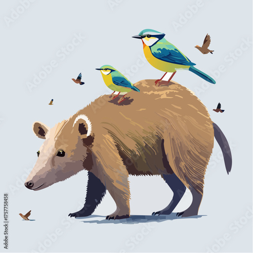 badger with colorful birds on back with transparent background