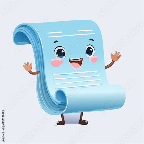 Smiling blue paper document character with transparent background