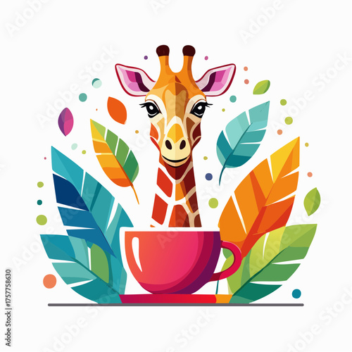 Giraffe head with teacup and leaves with transparent background