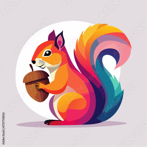 Colorful geometric squirrel holding acorn
