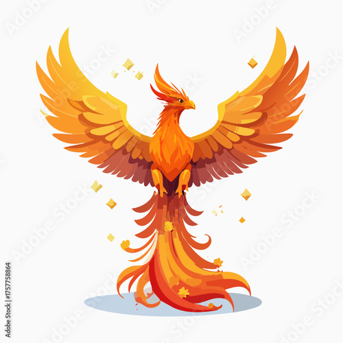 Golden phoenix bird with spread wings and transparent background