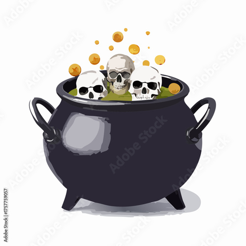 Halloween cauldron with skulls and potion with transparent background