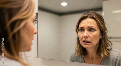 Worried woman sees unsettling facial symptoms reflecting a potential transient ischemic attack, fearing a serious cerebrovascular event like an ischemic or hemorrhagic stroke.